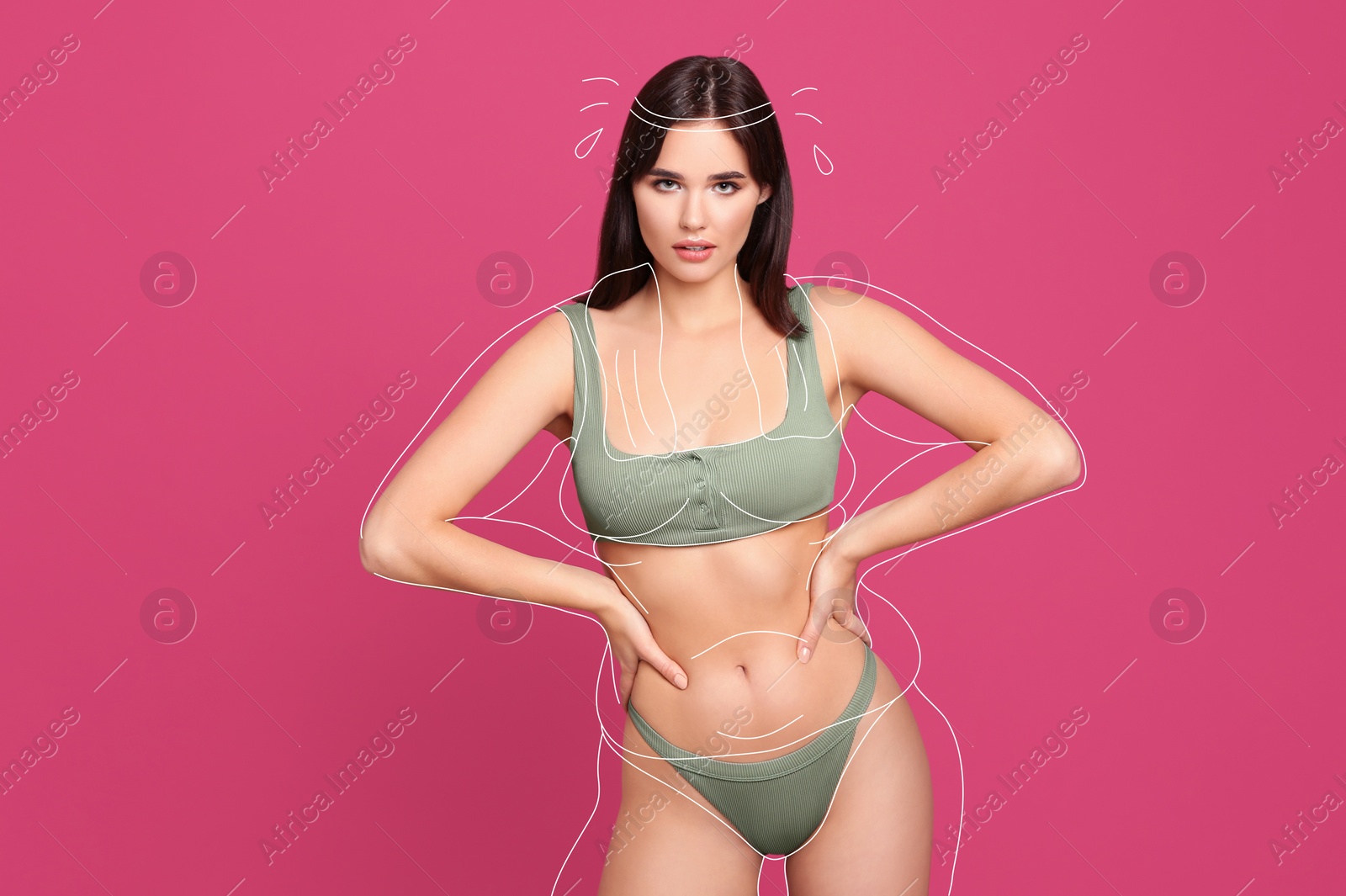 Image of Beautiful slim woman in swimsuit on pink background. Outline with towel and sport headband during training as her overweight figure before workout