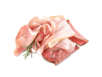 Photo of Delicious prosciutto and sausages on white background, top view