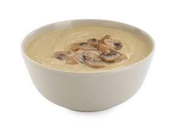 Photo of Delicious mushroom cream soup isolated on white