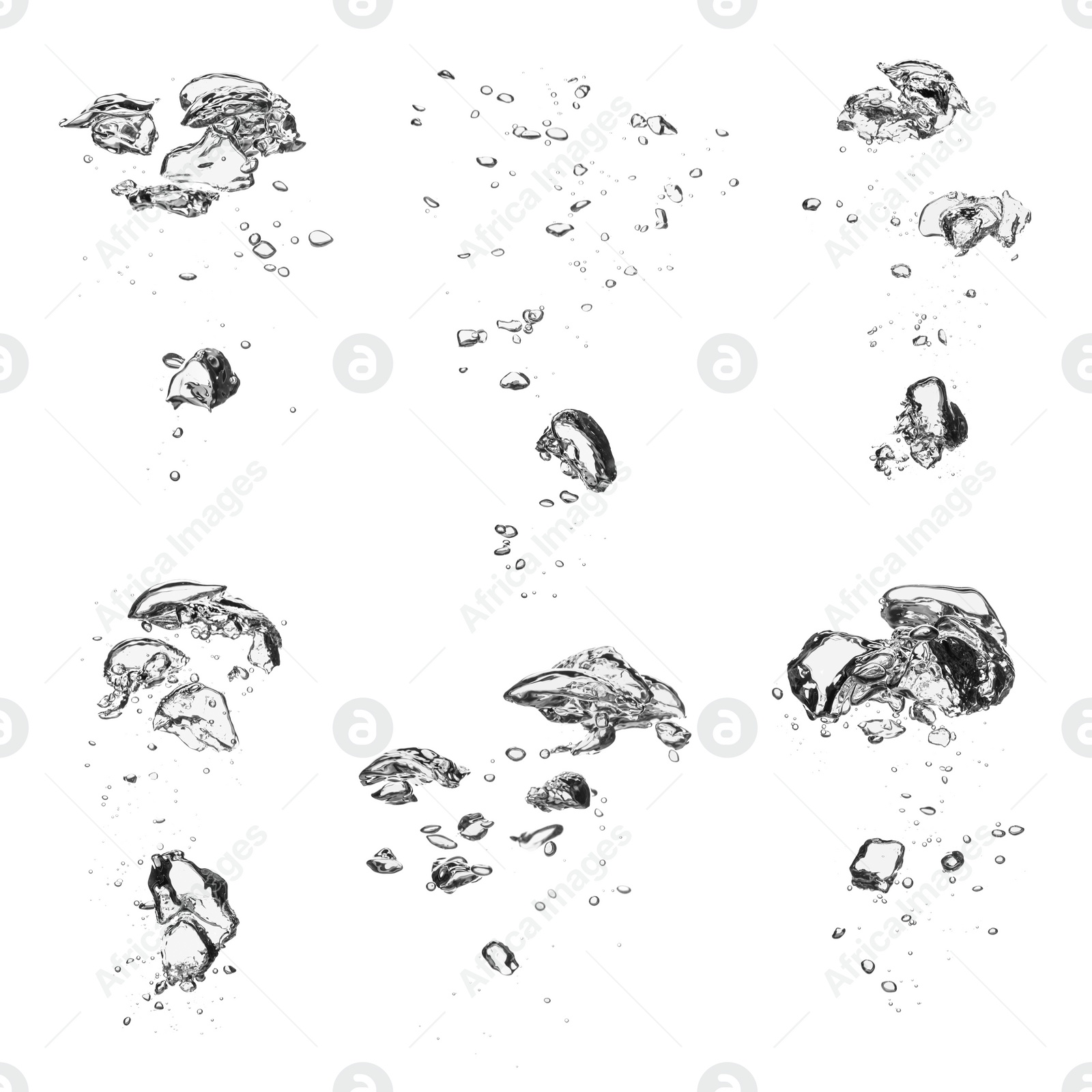 Image of Collage with air bubbles in water on white background