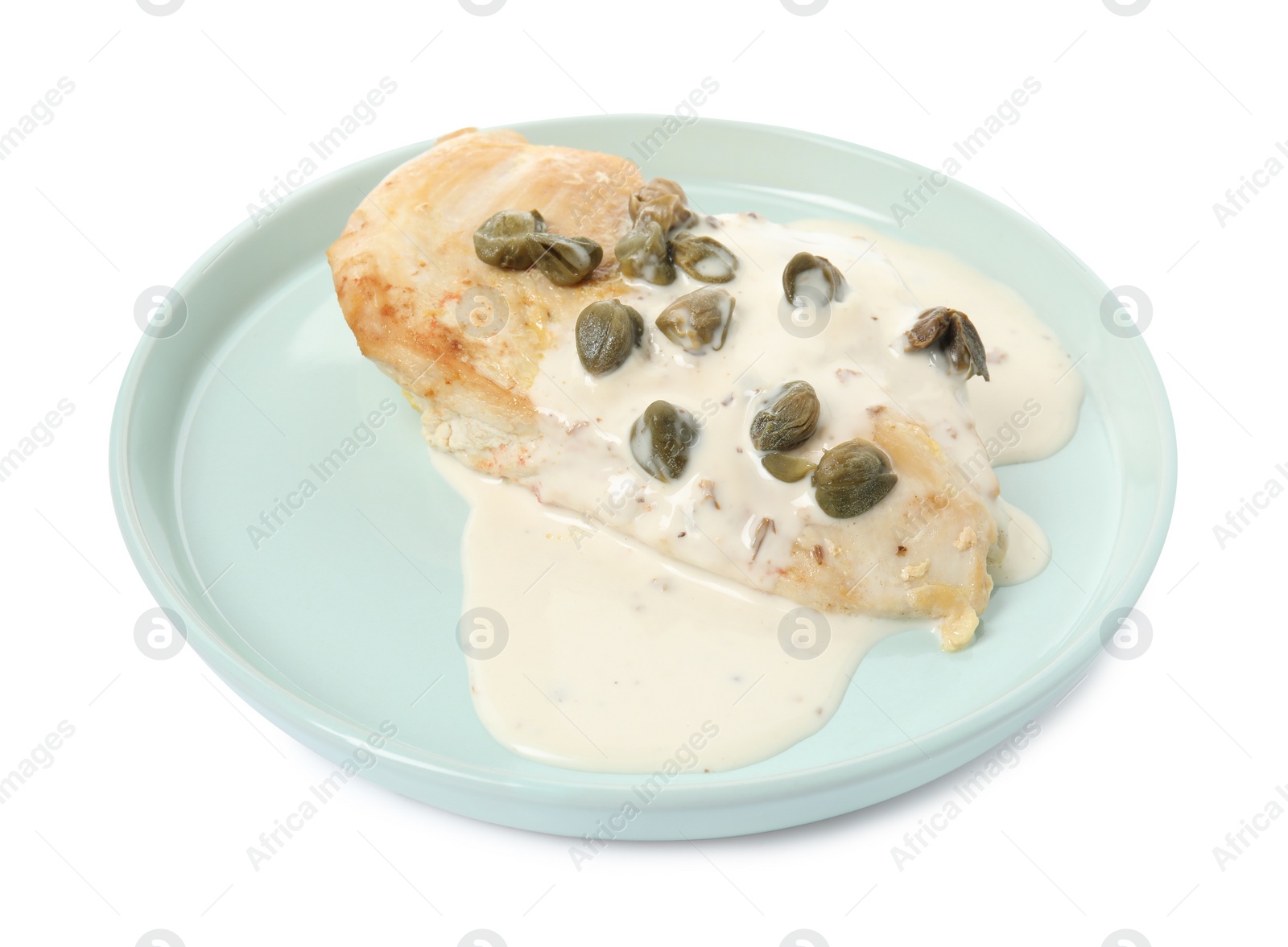 Photo of Delicious cooked chicken fillet with capers and sauce on white background