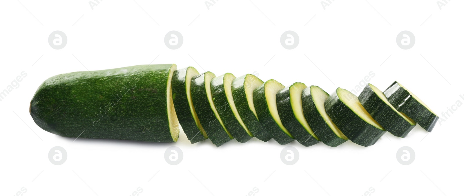 Photo of Slices of fresh ripe zucchini isolated on white