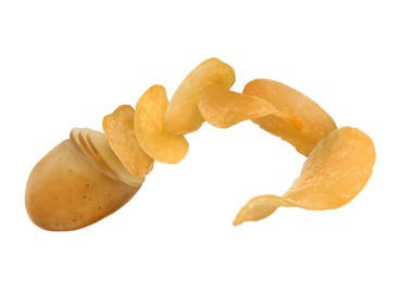 Image of Raw potato turning into tasty crispy chips on white background