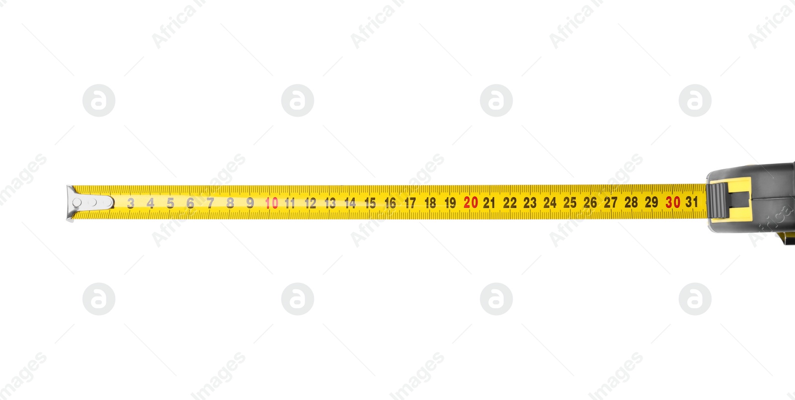 Photo of Yellow tape measure isolated on white, top view