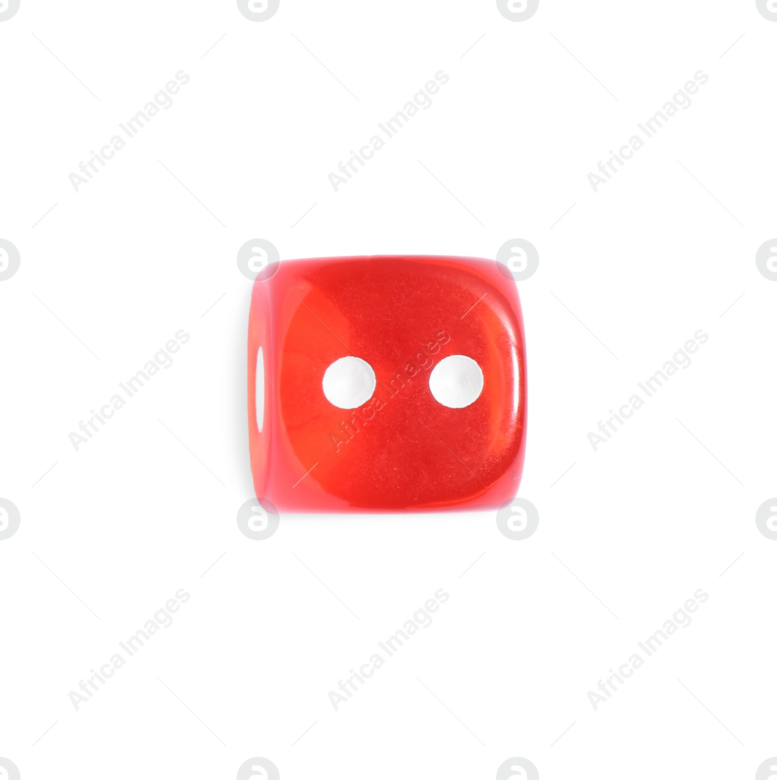 Photo of One red game dice isolated on white, top view