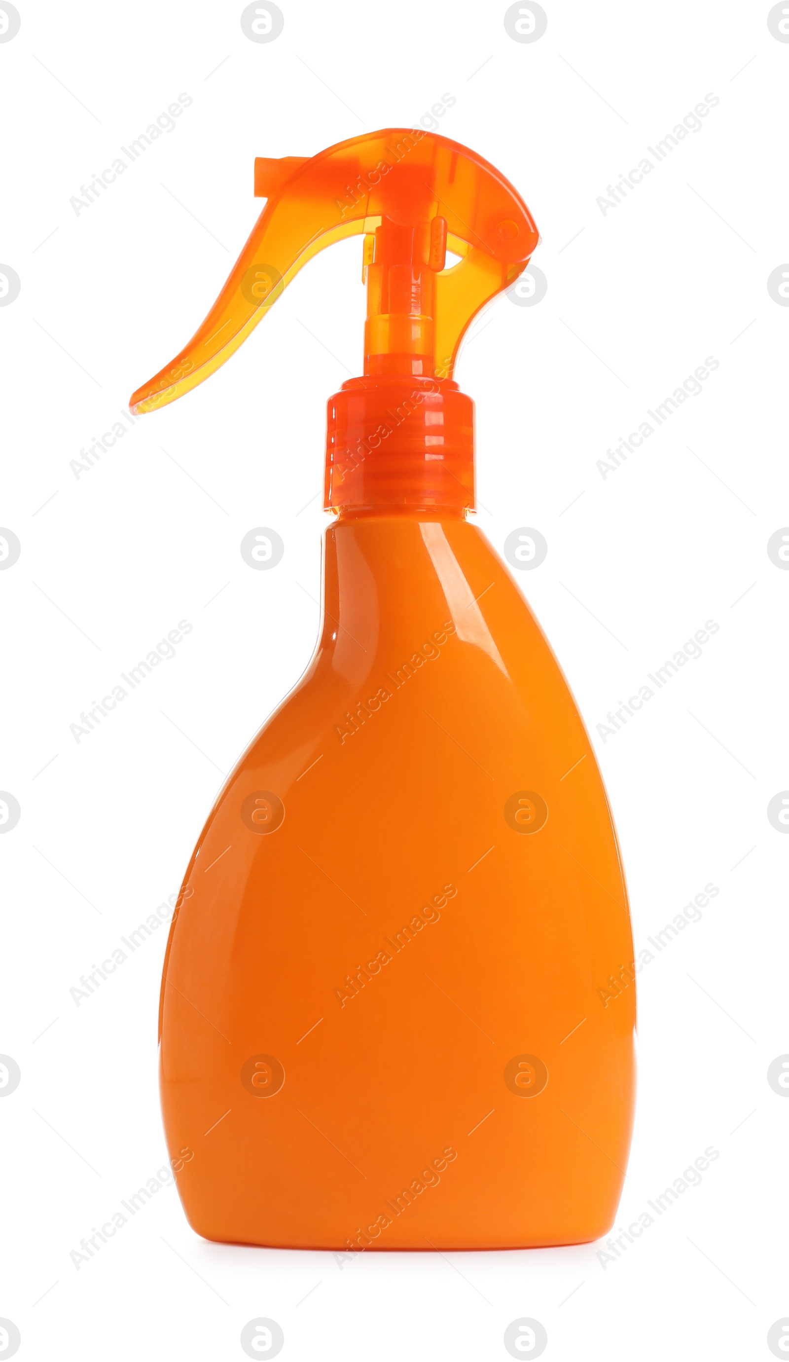 Photo of Bottle with sunscreen spray on white background. Cosmetic product