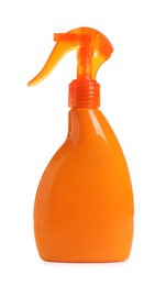 Bottle with sunscreen spray on white background. Cosmetic product