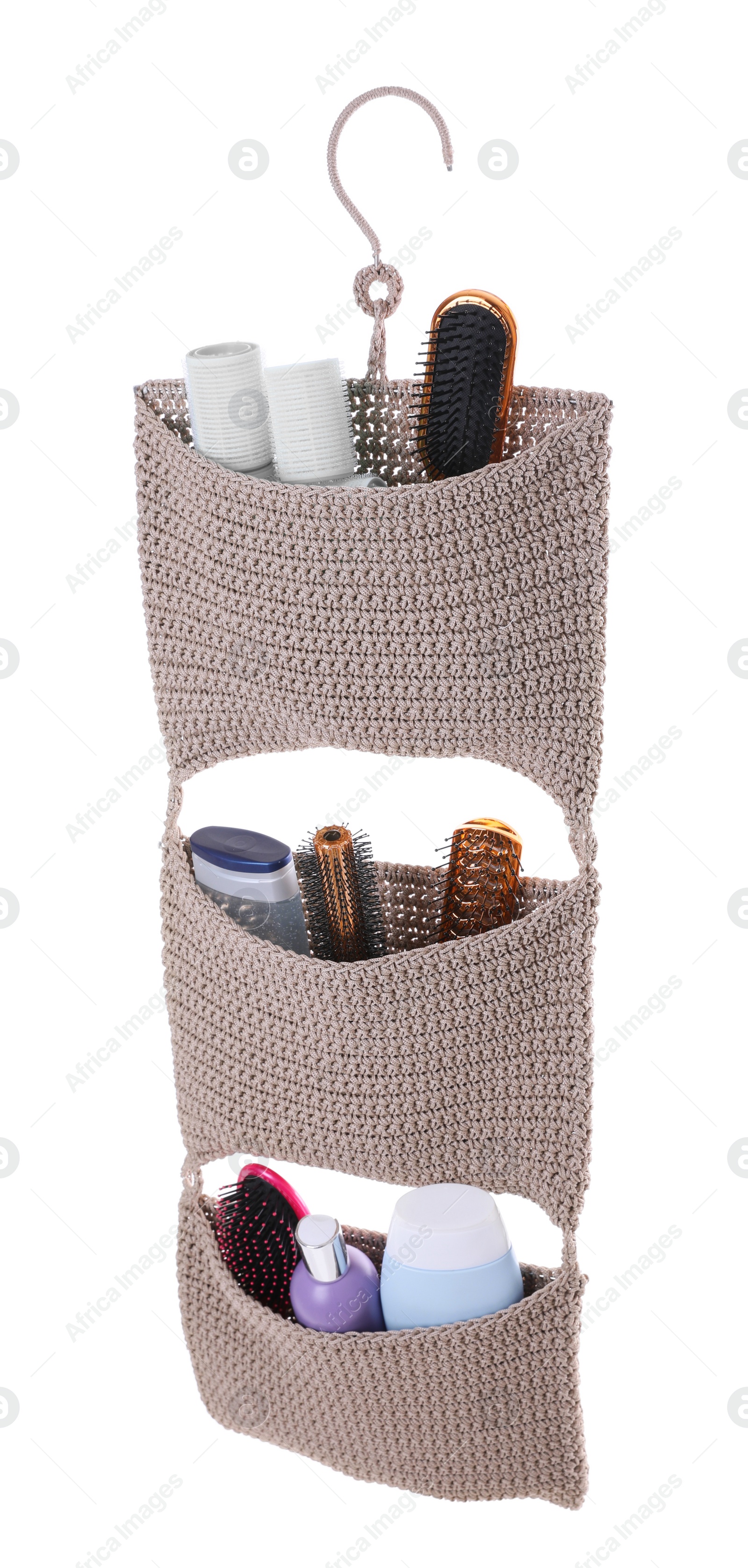 Photo of Stylish organizer with personal care stuff on white background. Bath accessory