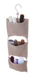 Photo of Stylish organizer with personal care stuff on white background. Bath accessory