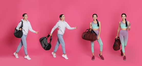 Young woman with sports bag on pink background, collage. Banner design 