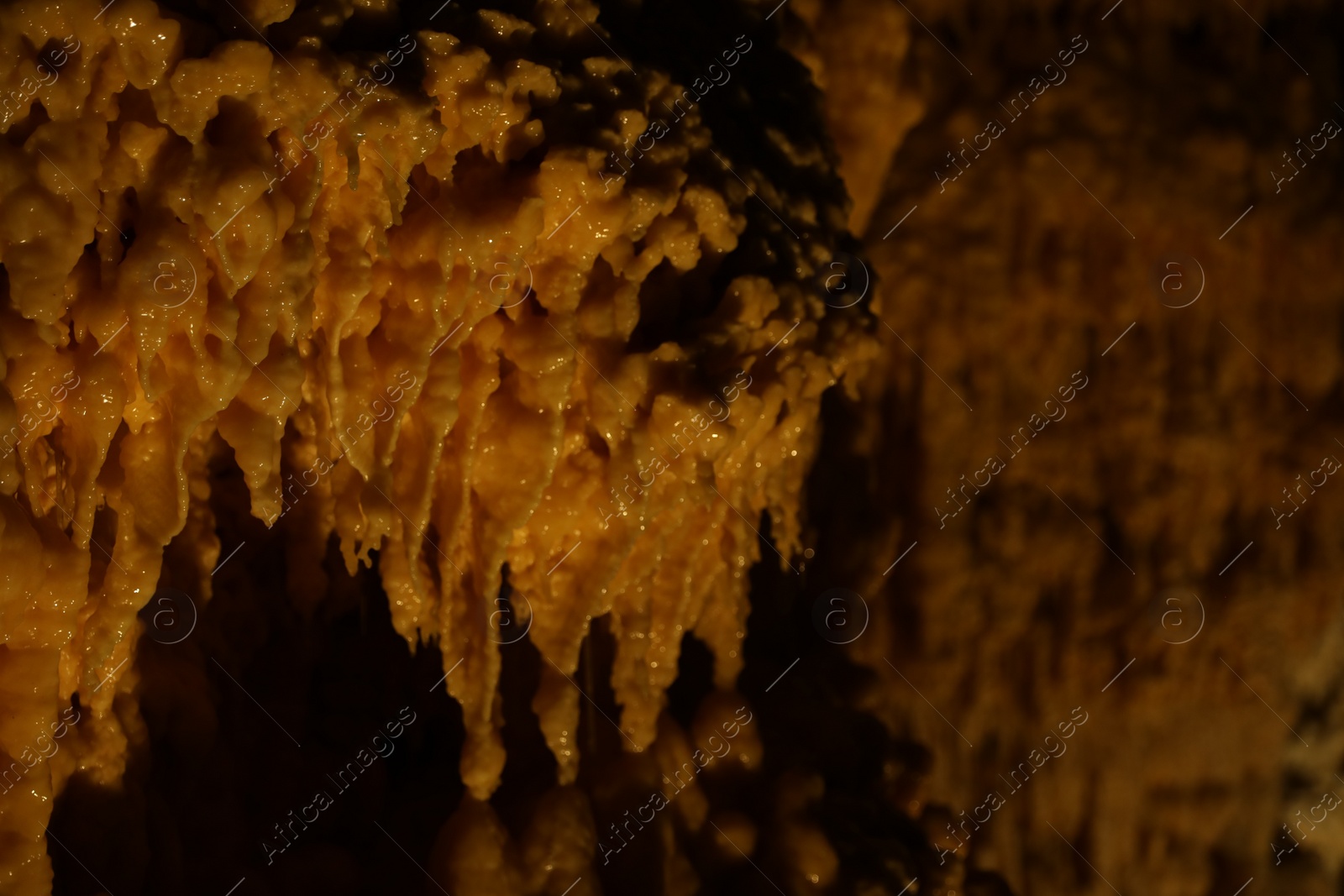 Photo of Many stalactite formations in cave, closeup view