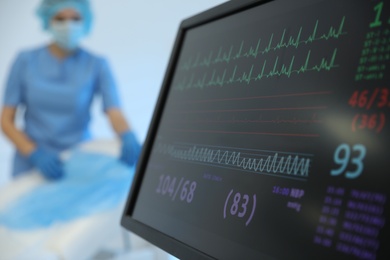 Monitor with cardiogram in hospital, focus on screen. Space for text