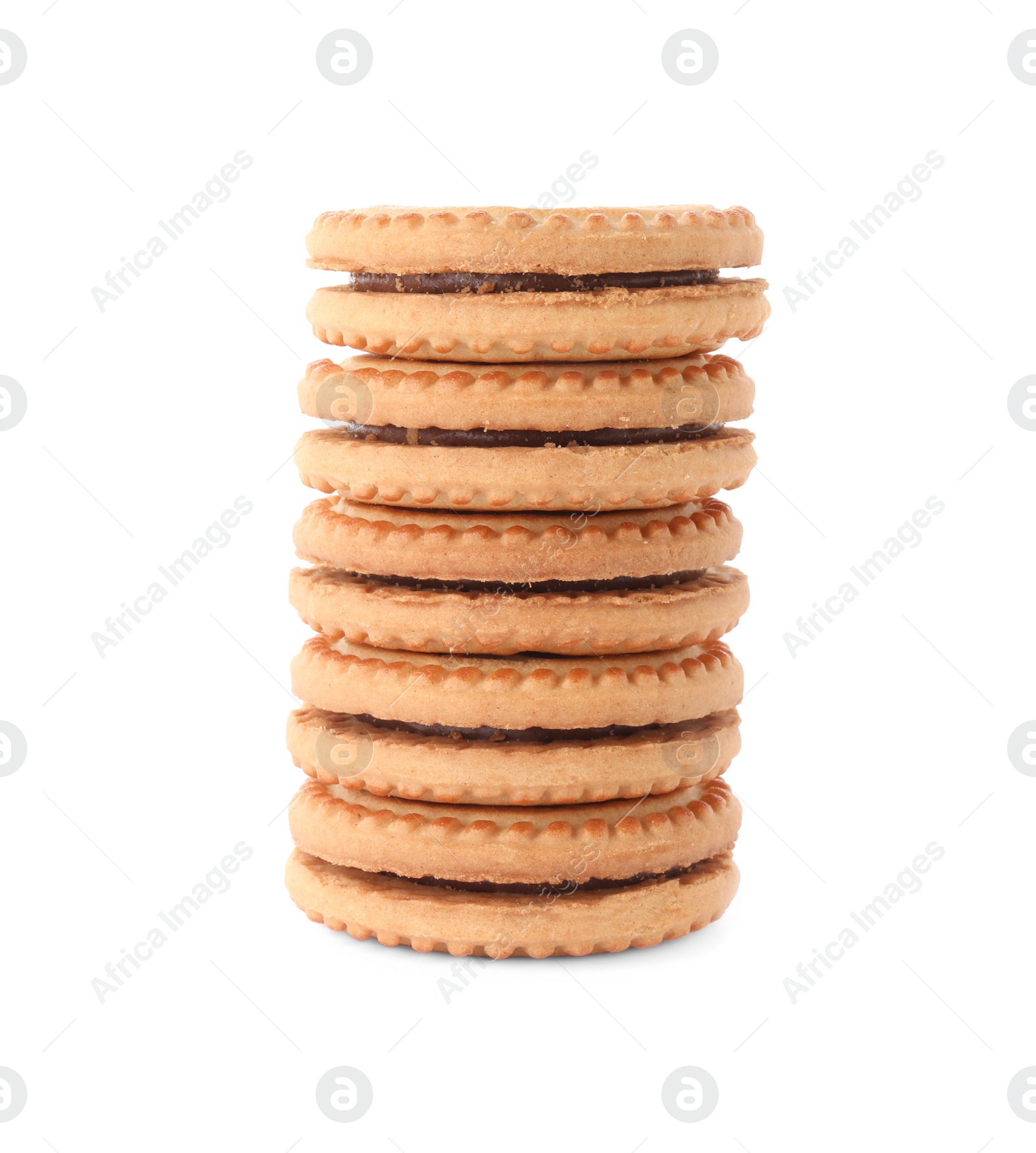 Photo of Stack of tasty sandwich cookies with cream isolated on white