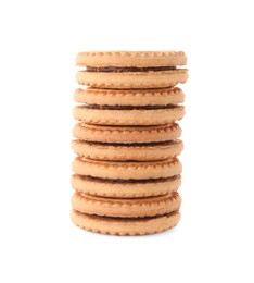 Stack of tasty sandwich cookies with cream isolated on white