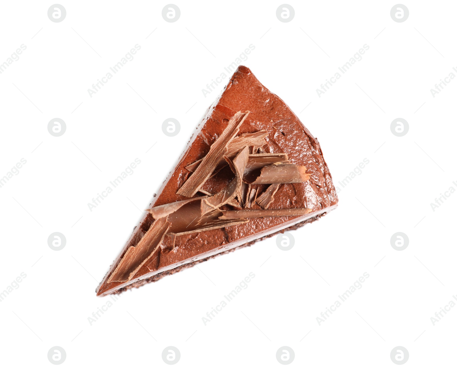 Photo of Piece of tasty homemade chocolate cake on white background, top view