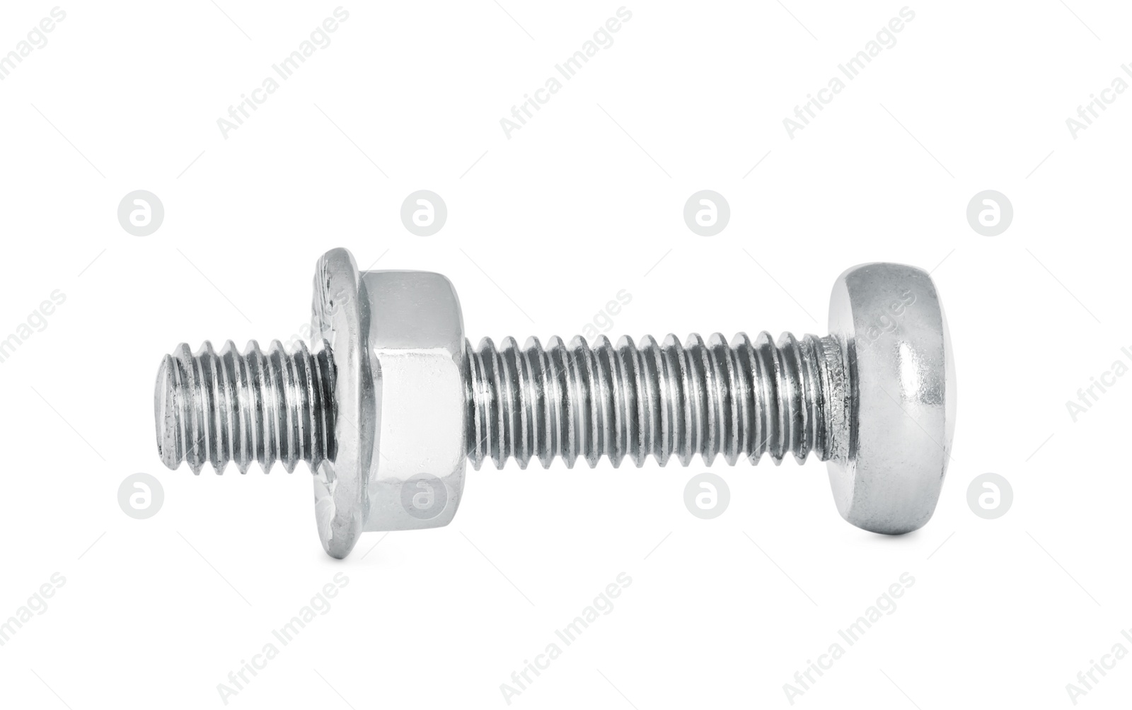 Photo of Metal carriage bolt with flange nut isolated on white