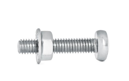 Photo of Metal carriage bolt with flange nut isolated on white