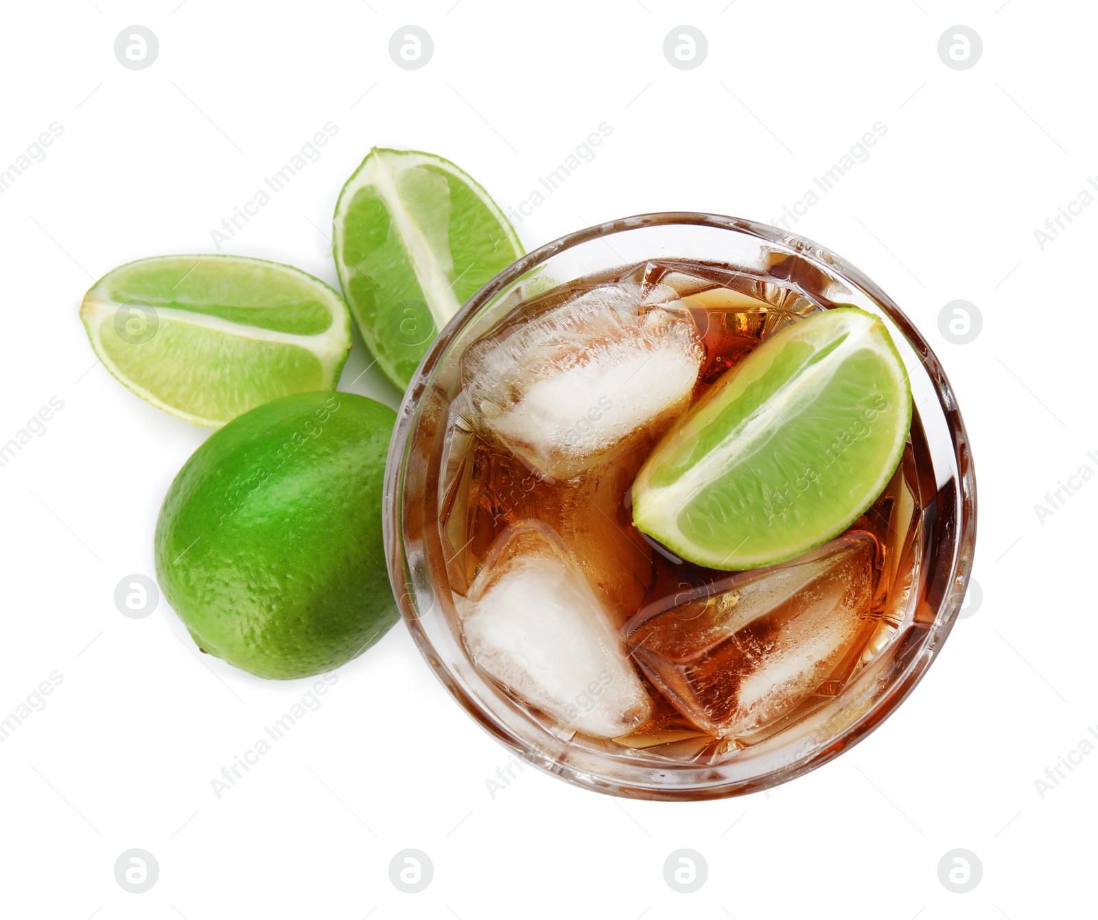 Photo of Glass of refreshing drink with ice cubes and lime on white background, top view