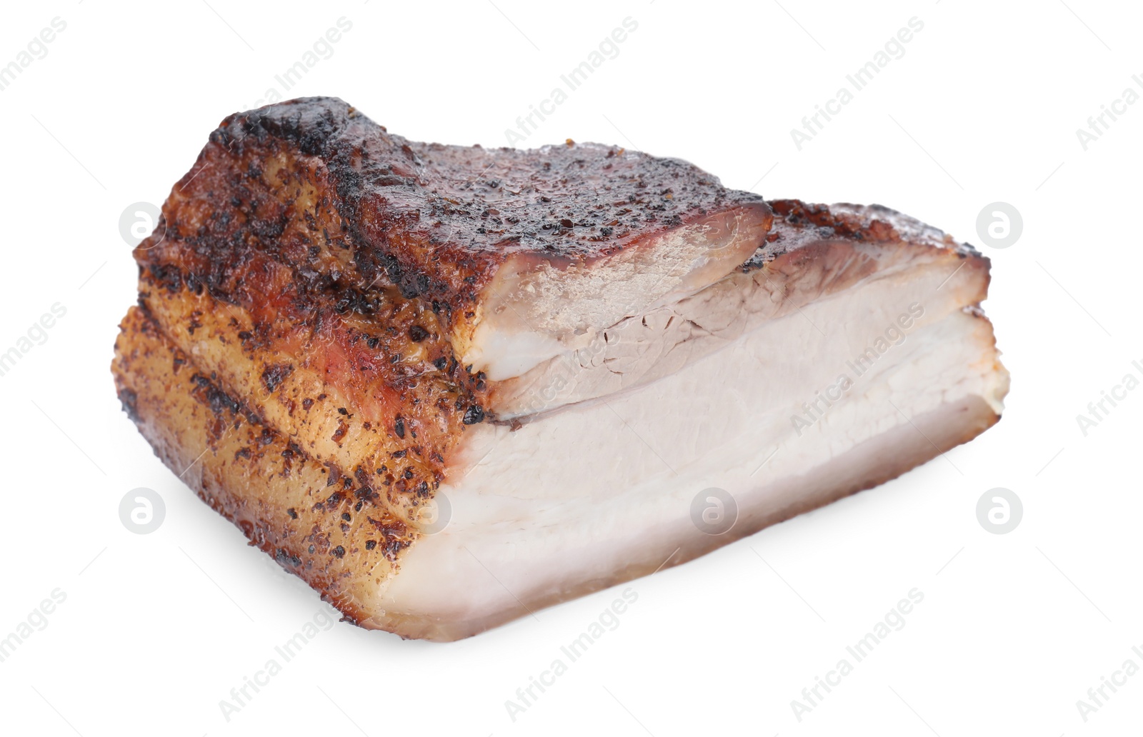 Photo of Piece of tasty baked pork belly isolated on white