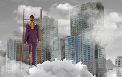 Image of Businesswoman climbing up ladder and cityscape on background, space for text. Career promotion concept
