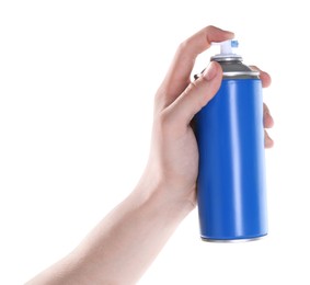 Photo of Man with can of spray paint on white background, closeup