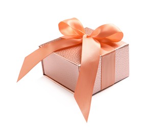 Photo of Gift box decorated with satin ribbon and bow on white background