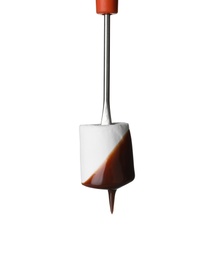 Fork with marshmallow dipped into chocolate fondue on white background