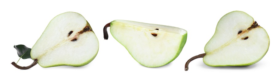 Image of Set with tasty ripe pears on white background. Banner design