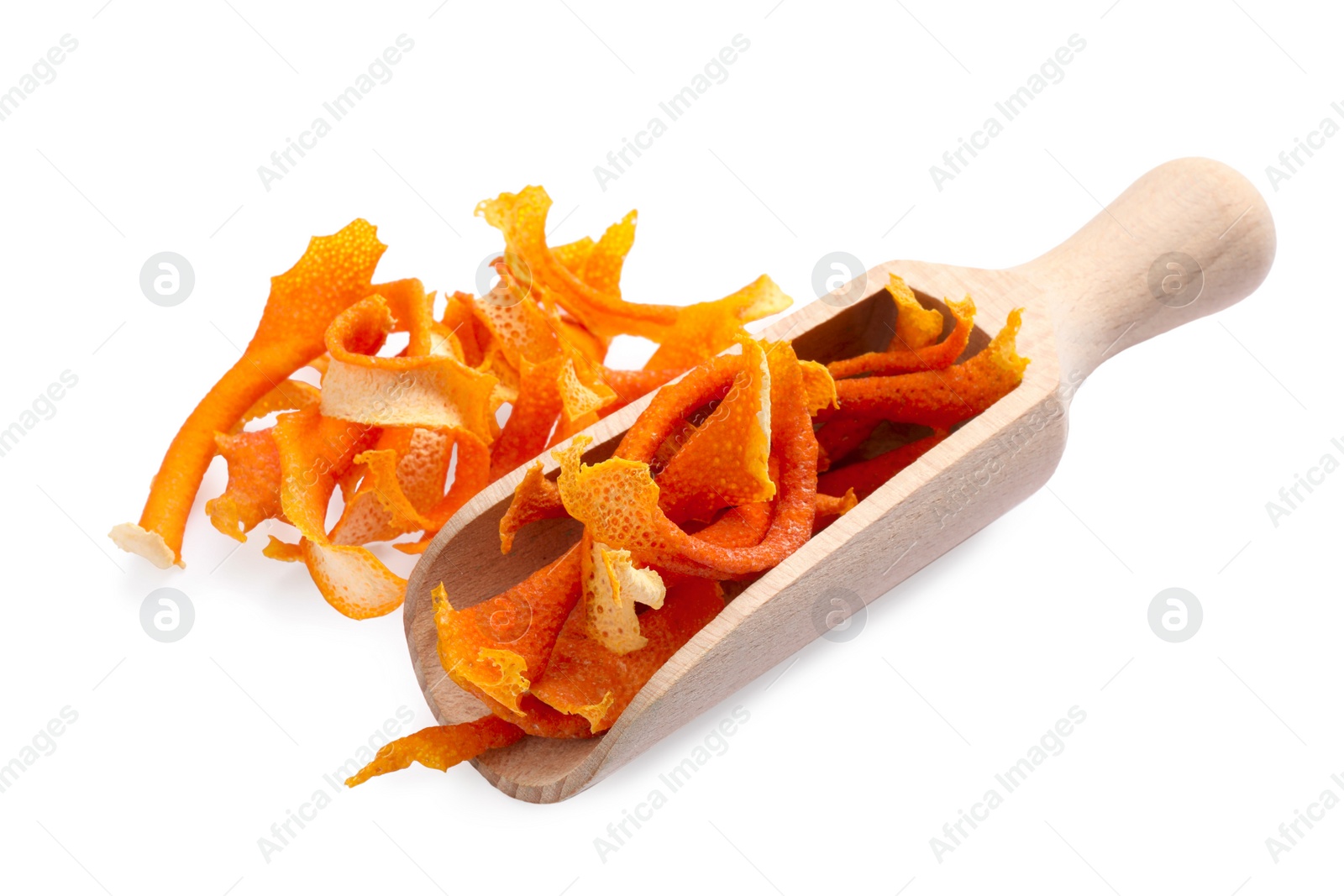 Photo of Scoop with dry orange peels on white background