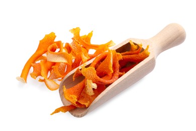 Scoop with dry orange peels on white background