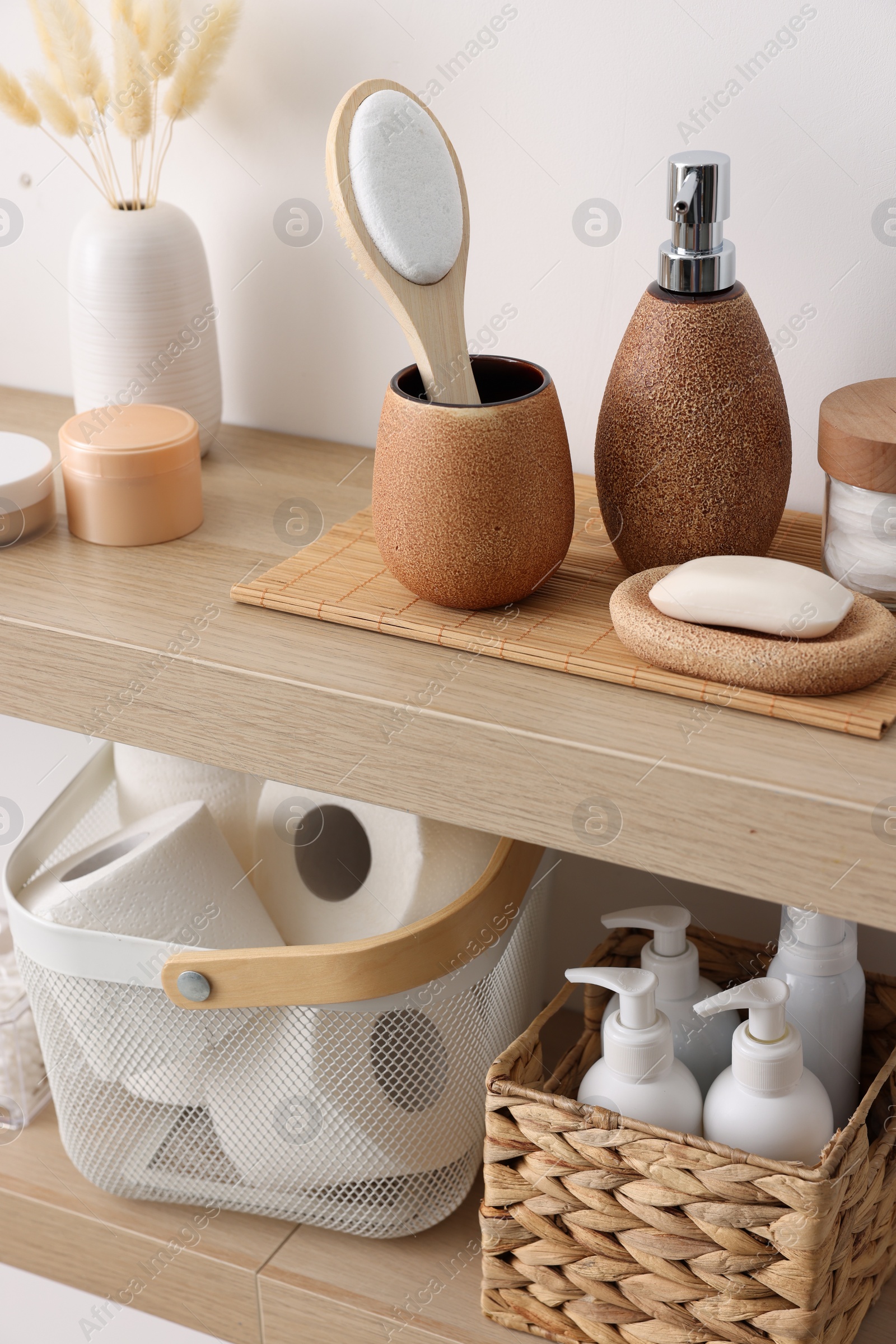 Photo of Different bath accessories and personal care products indoors