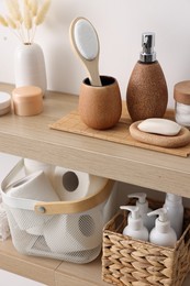 Photo of Different bath accessories and personal care products indoors