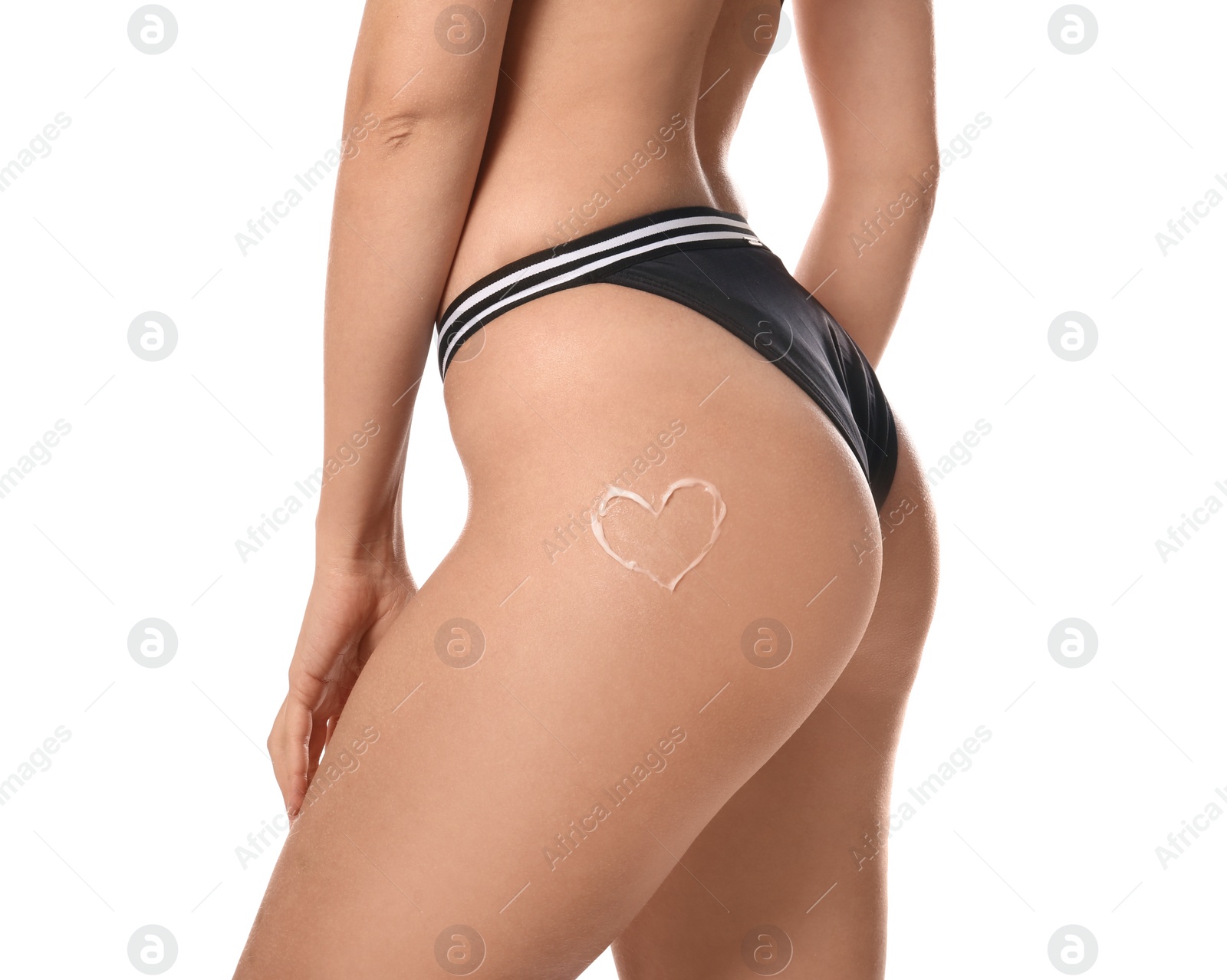 Photo of Woman with sun protection cream on body against white background, closeup