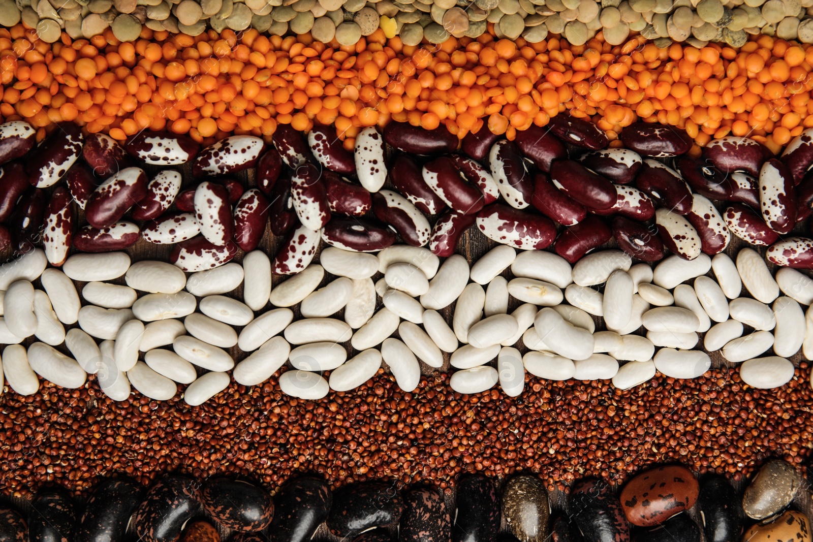 Photo of Different grains and seeds as background, top view. Veggie diet