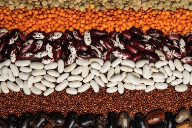 Photo of Different grains and seeds as background, top view. Veggie diet