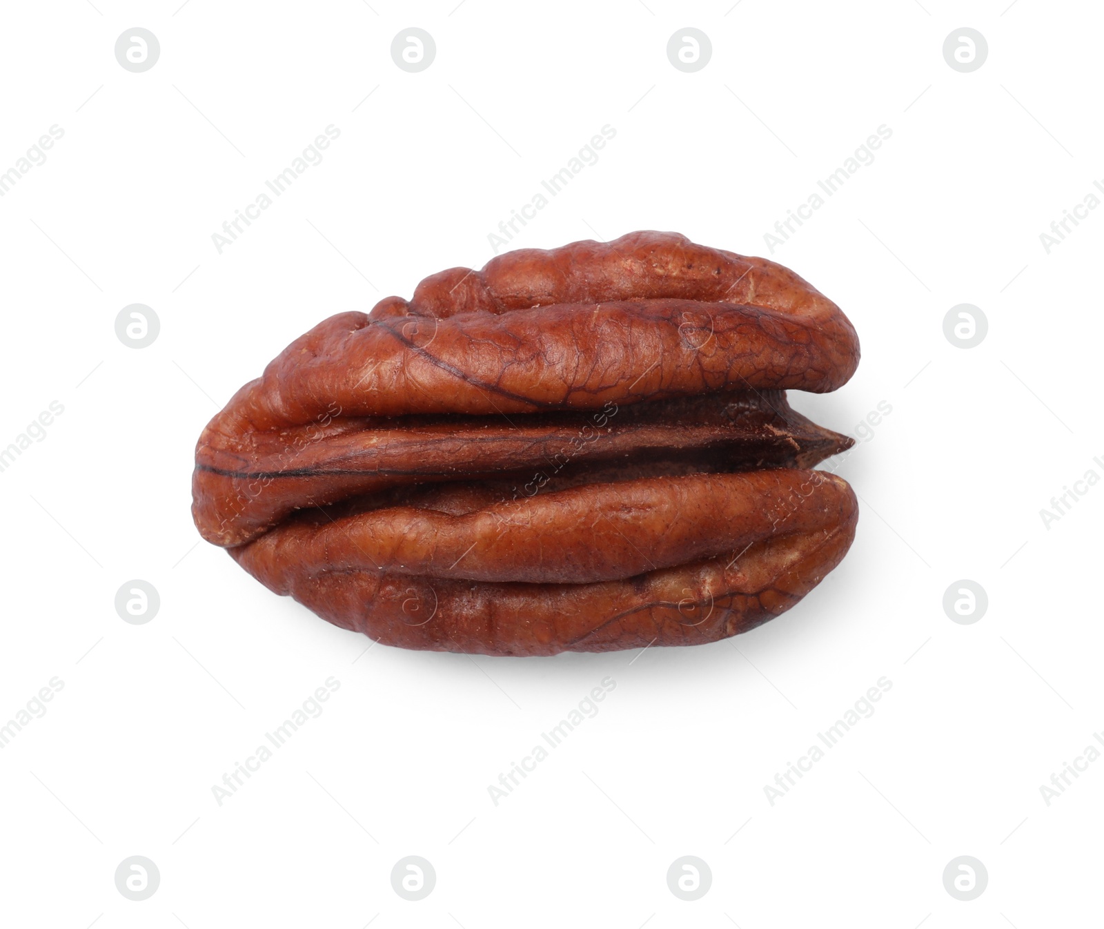 Photo of One tasty pecan nut isolated on white, top view