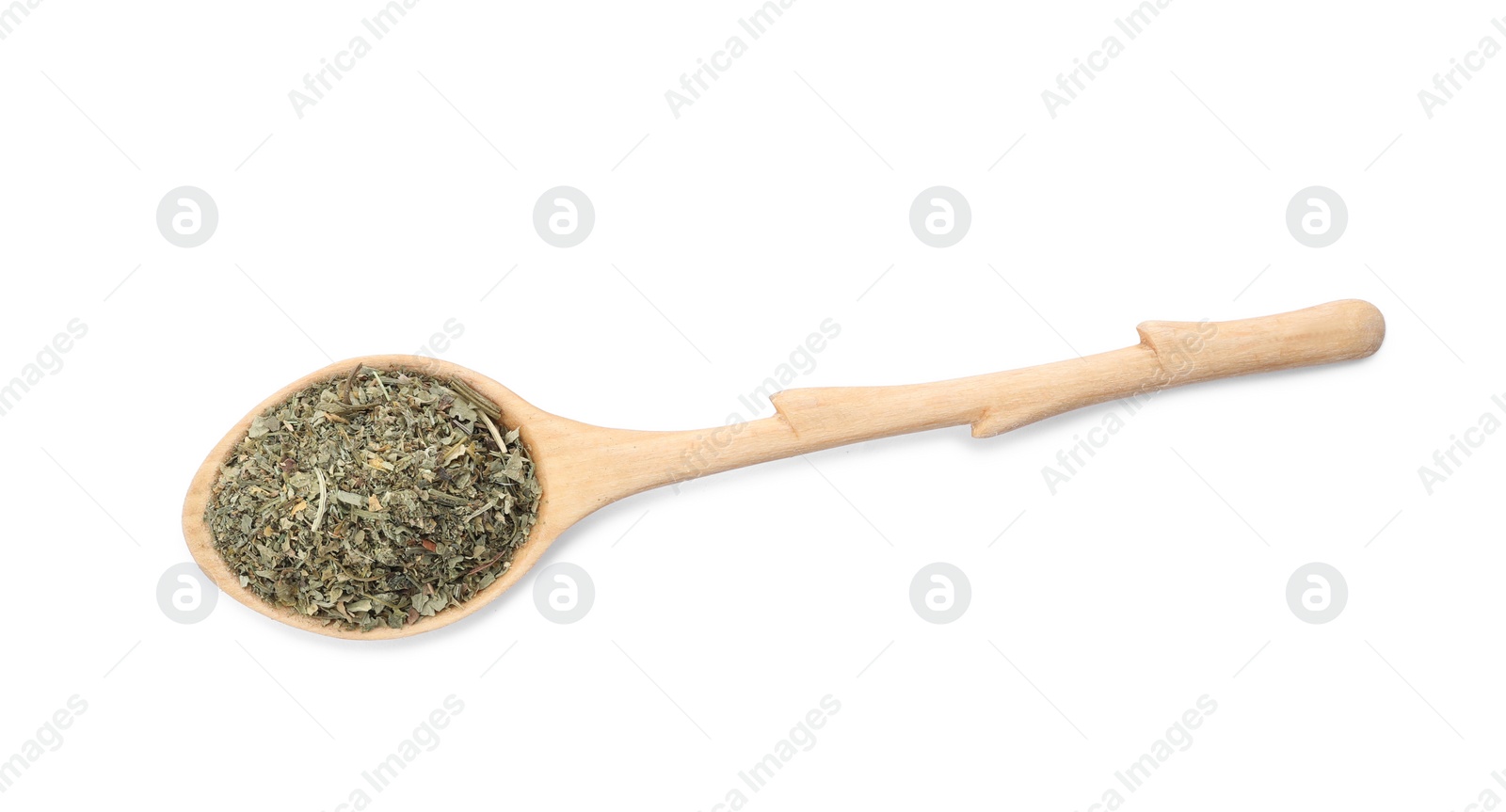 Photo of Spoon with dried parsley on white background, top view