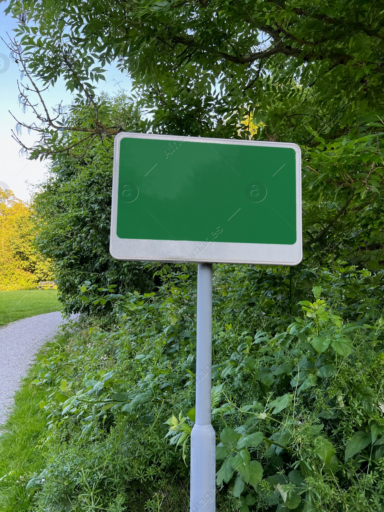 Photo of Blank signboard in beautiful park on sunny day. Space for design