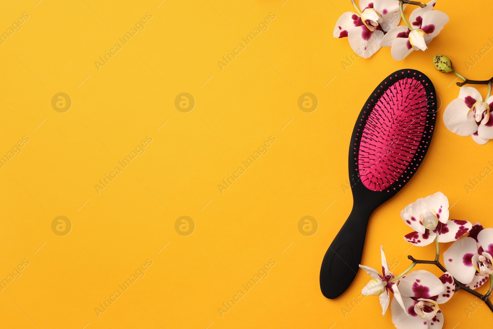 Photo of Stylish hairbrush and orchid flowers on yellow background, top view. Space for text