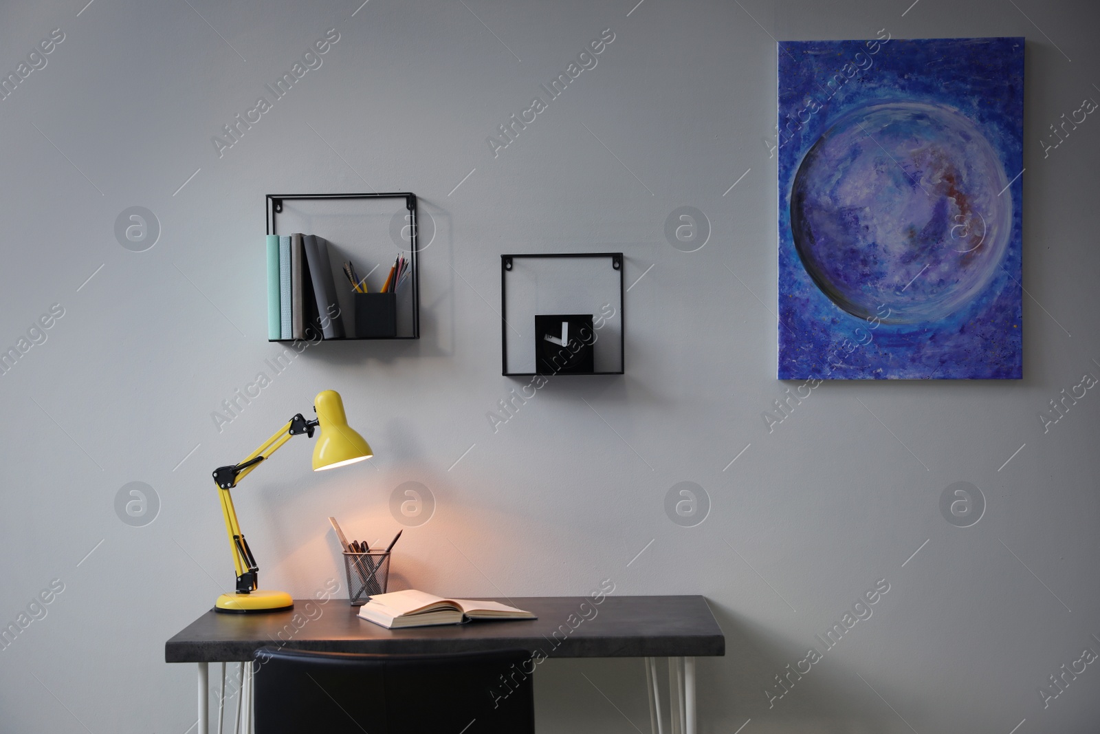 Photo of Modern teenager's room interior with workplace and stylish design elements