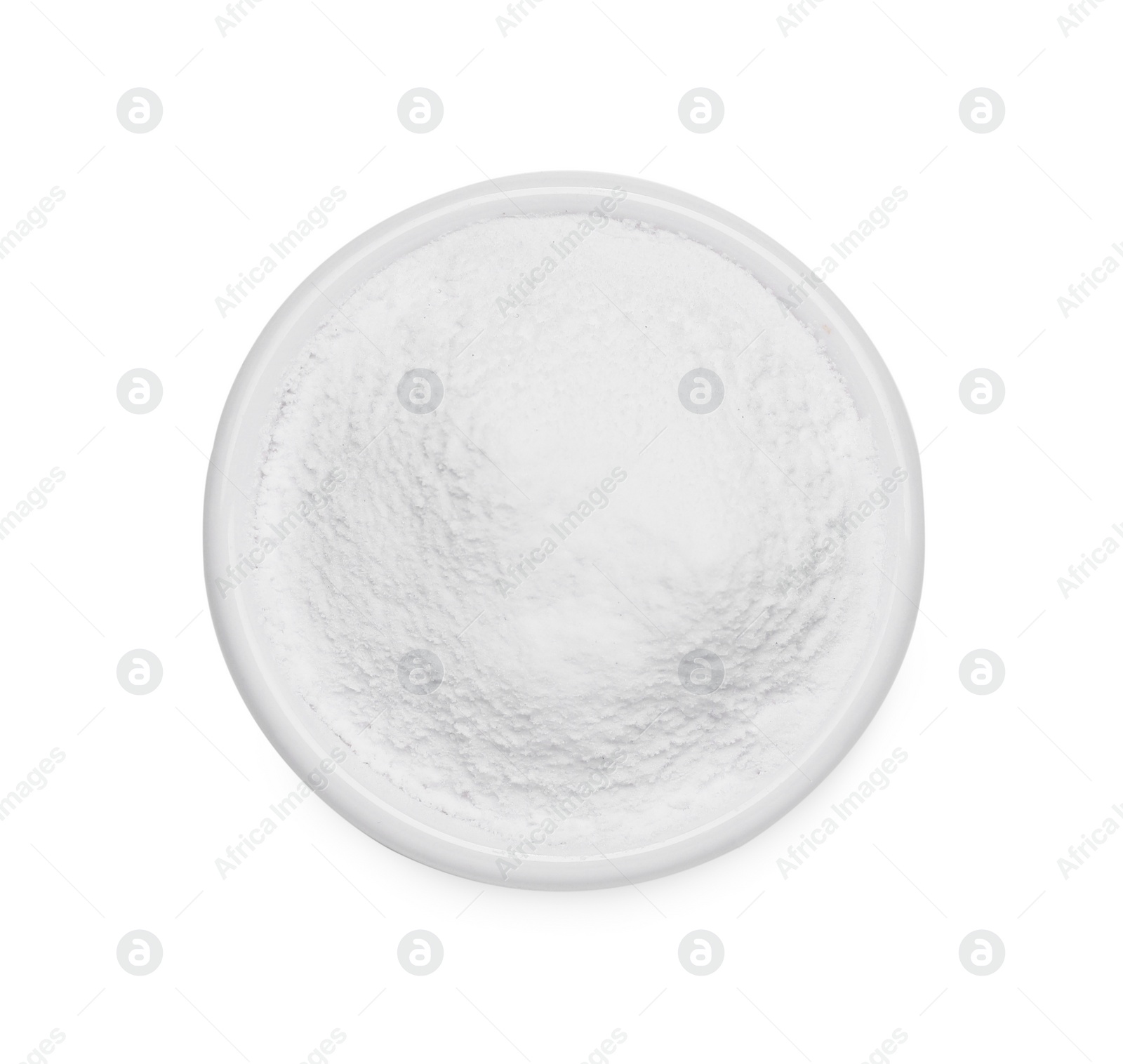 Photo of Bowl of natural starch isolated on white, top view