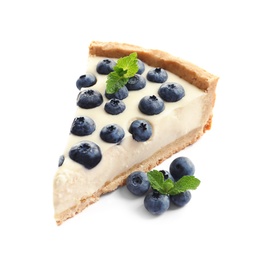 Piece of tasty blueberry cake on white background