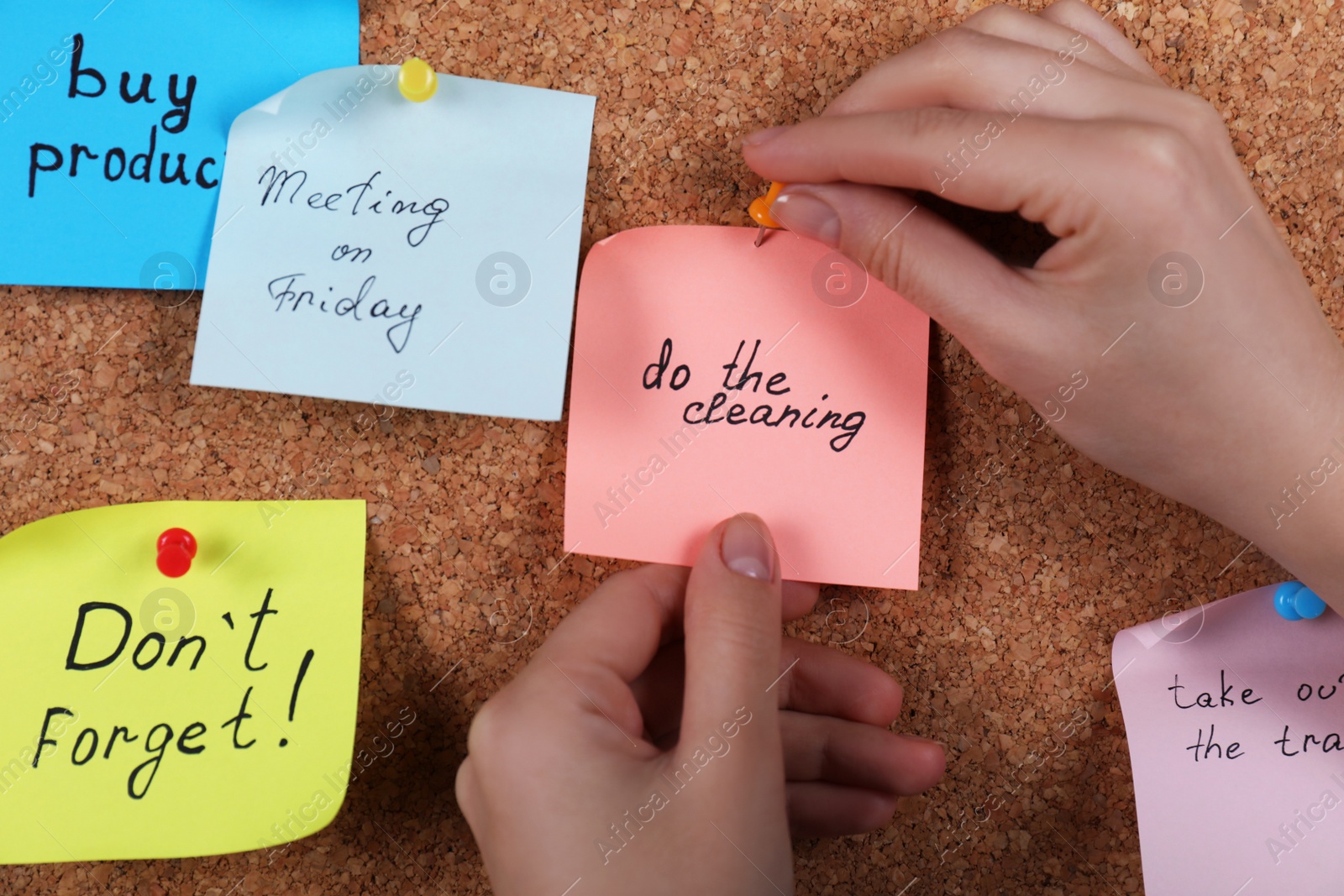 Photo of Woman pinning paper note with phrase Do The Cleaning to cork board, closeup