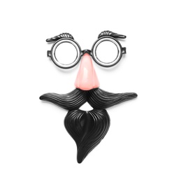 Photo of Funny face made with clown's accessories on white background, top view