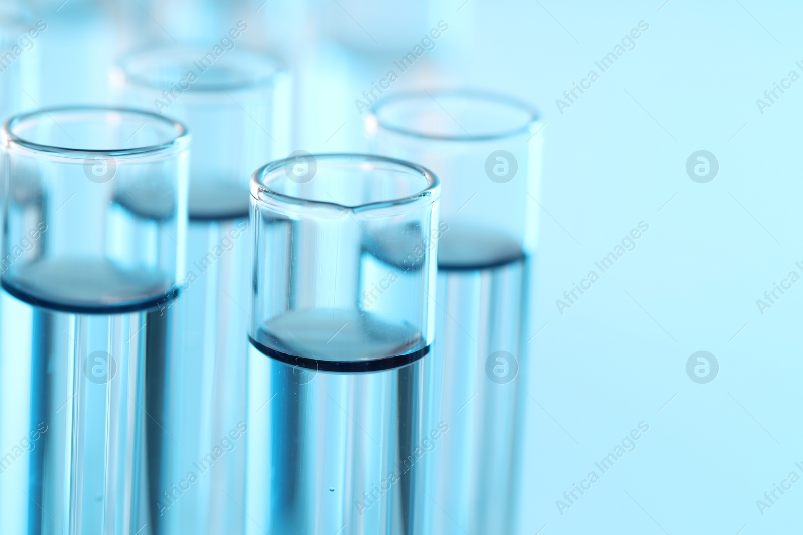 Photo of Many glass test tubes on light blue background, closeup. Space for text