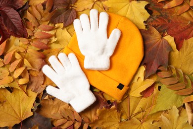 Stylish white woolen gloves and yellow hat on dry leaves, flat lay