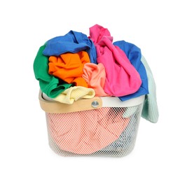 Laundry basket with clean colorful clothes isolated on white