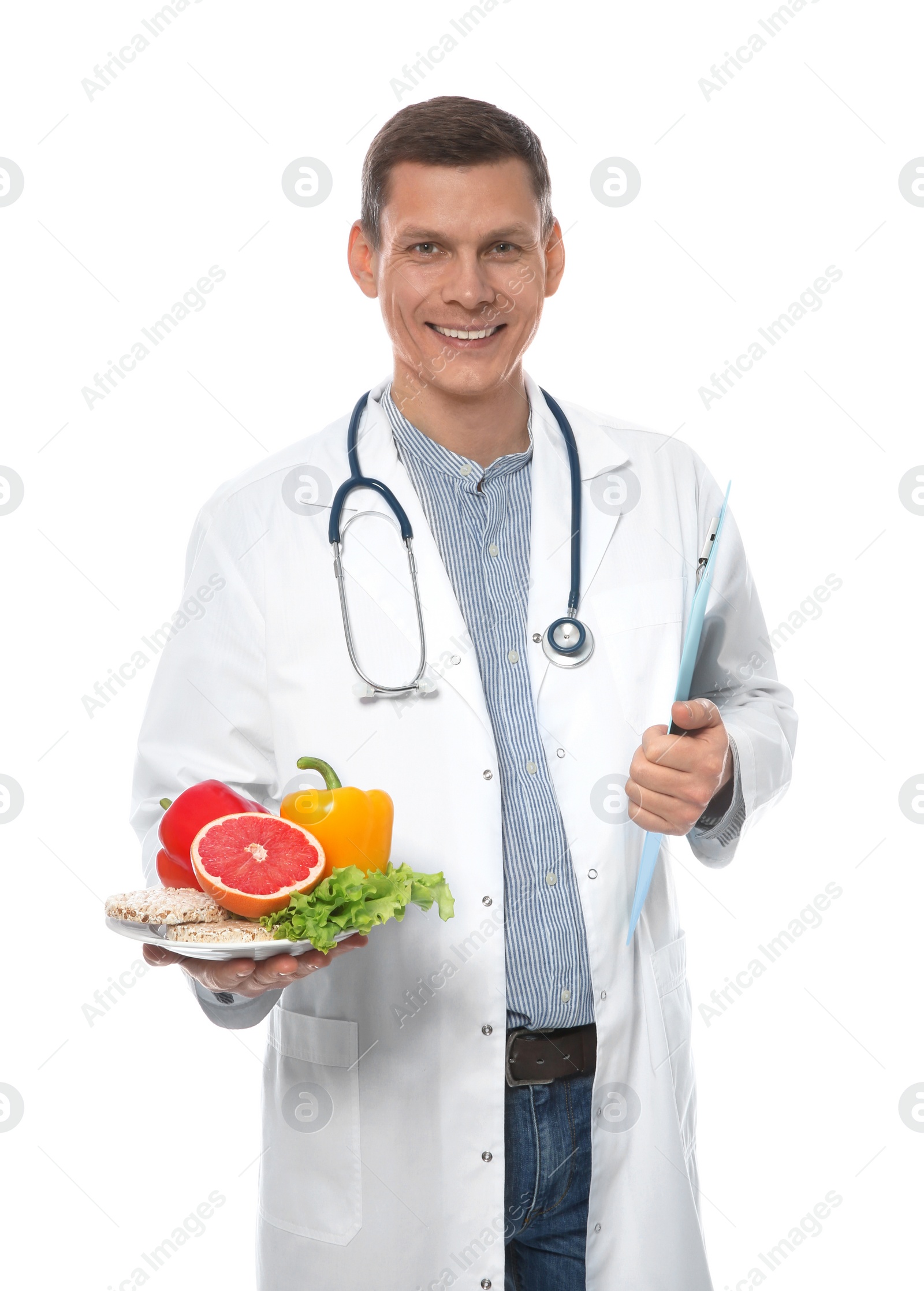 Photo of Nutritionist with healthy products on white background