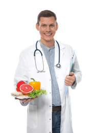 Photo of Nutritionist with healthy products on white background
