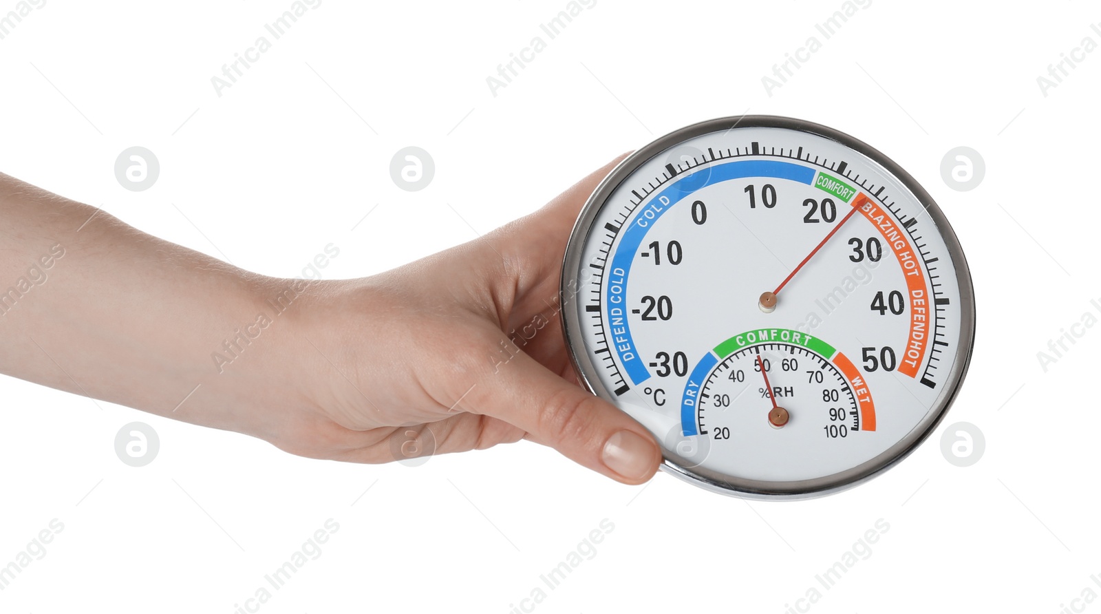 Photo of Woman holding hygrometer on white background, closeup. Atmospheric humidity